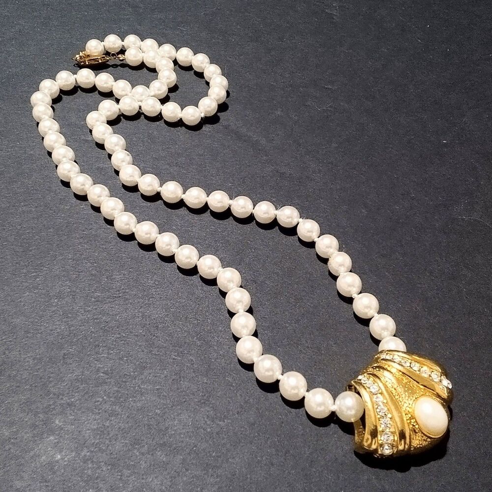 Vintage 24" Hand Knotted Faux Pearl Necklace Gold Tone Slide Enhancer - Picture 3 of 6